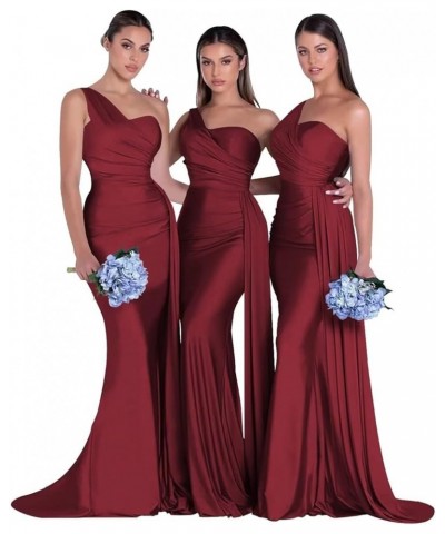 Women's One Shoulder Bridesmaid Dresses for Wedding Long Satin Mermaid Prom Dresses with Train Formal Evening Gowns Wine Red ...