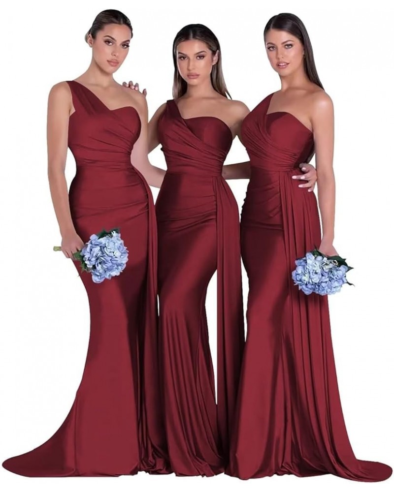 Women's One Shoulder Bridesmaid Dresses for Wedding Long Satin Mermaid Prom Dresses with Train Formal Evening Gowns Wine Red ...