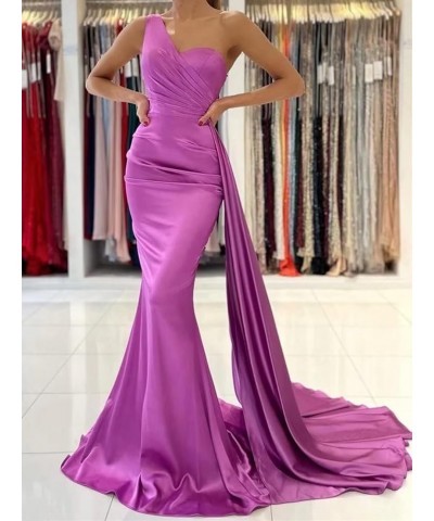 Women's One Shoulder Bridesmaid Dresses for Wedding Long Satin Mermaid Prom Dresses with Train Formal Evening Gowns Wine Red ...