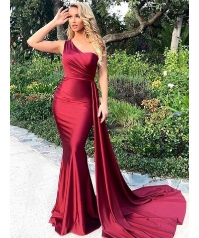 Women's One Shoulder Bridesmaid Dresses for Wedding Long Satin Mermaid Prom Dresses with Train Formal Evening Gowns Wine Red ...