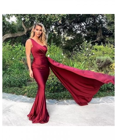 Women's One Shoulder Bridesmaid Dresses for Wedding Long Satin Mermaid Prom Dresses with Train Formal Evening Gowns Wine Red ...