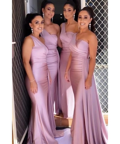 Women's One Shoulder Bridesmaid Dresses for Wedding Long Satin Mermaid Prom Dresses with Train Formal Evening Gowns Wine Red ...