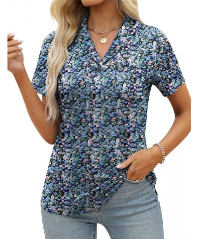 Womens Short Sleeve Polo Shirts Business Casual V Neck Collared Tops Dressy Work Tunic Blouses with Pocket Aa-blue Floral Pri...