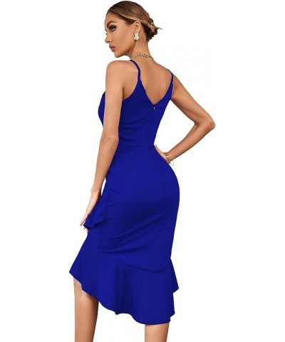 Women's V Neck Wrap Asymmetric Ruffle Hem Sleeveless Spaghetti Strap Bodycon Party Midi Dress Navy Blue $11.75 Skirts