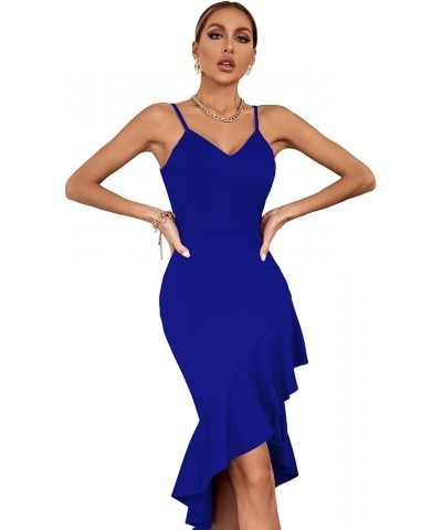 Women's V Neck Wrap Asymmetric Ruffle Hem Sleeveless Spaghetti Strap Bodycon Party Midi Dress Navy Blue $11.75 Skirts