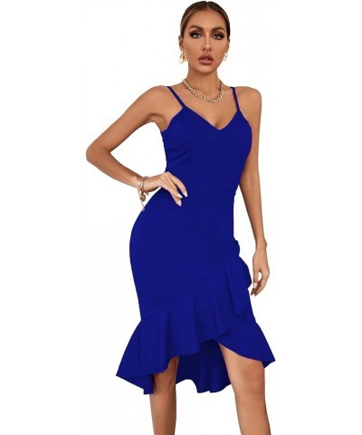 Women's V Neck Wrap Asymmetric Ruffle Hem Sleeveless Spaghetti Strap Bodycon Party Midi Dress Navy Blue $11.75 Skirts