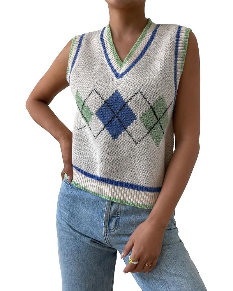 Women's Plaid Geo Sleeveless V Neck Knit Crop Top Sweater Vest White Blue $16.45 Sweaters