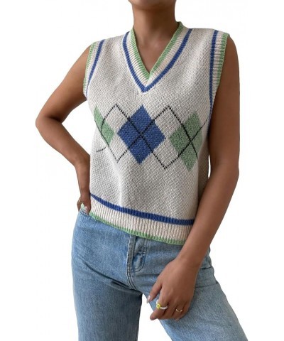 Women's Plaid Geo Sleeveless V Neck Knit Crop Top Sweater Vest White Blue $16.45 Sweaters