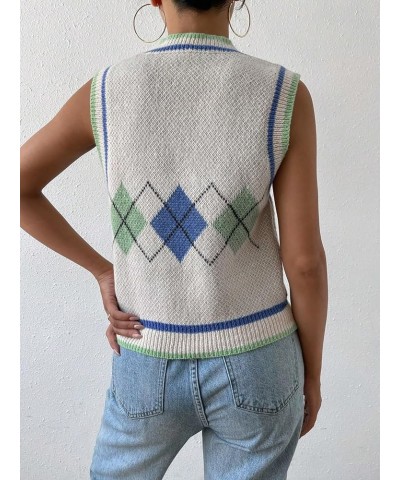 Women's Plaid Geo Sleeveless V Neck Knit Crop Top Sweater Vest White Blue $16.45 Sweaters