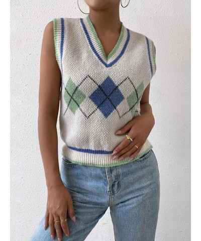 Women's Plaid Geo Sleeveless V Neck Knit Crop Top Sweater Vest White Blue $16.45 Sweaters