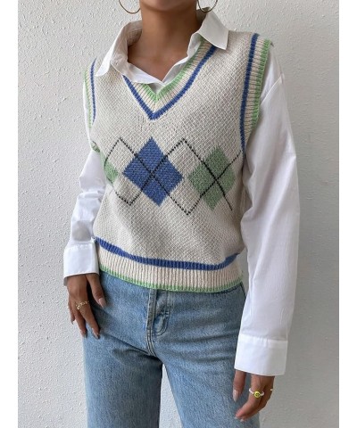 Women's Plaid Geo Sleeveless V Neck Knit Crop Top Sweater Vest White Blue $16.45 Sweaters