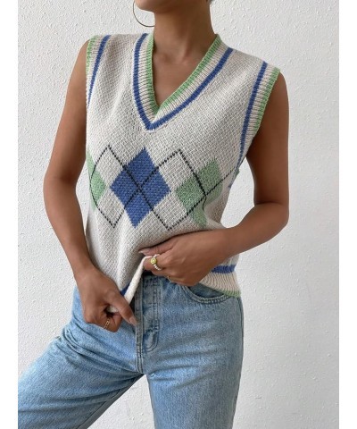 Women's Plaid Geo Sleeveless V Neck Knit Crop Top Sweater Vest White Blue $16.45 Sweaters