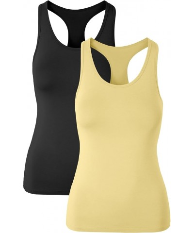 Women's Workout Racerback Tank Tops with Built in Bra Yoga Fitness Activewear Running Gym Exercise Shirts Black/Light Yellow ...