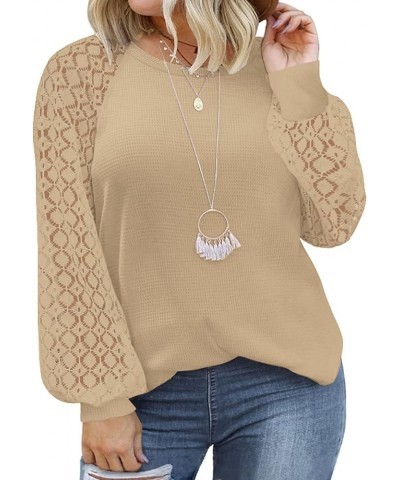 Womens-Plus-Size-Tops Lace Long Sleeve Waffle Knit Dressy Shirts Casual Raglan Trendy Blouses 01_oatmeal $18.20 Tops