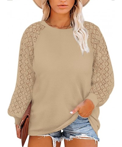 Womens-Plus-Size-Tops Lace Long Sleeve Waffle Knit Dressy Shirts Casual Raglan Trendy Blouses 01_oatmeal $18.20 Tops