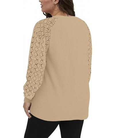 Womens-Plus-Size-Tops Lace Long Sleeve Waffle Knit Dressy Shirts Casual Raglan Trendy Blouses 01_oatmeal $18.20 Tops