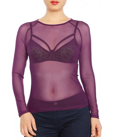 May&Maya Women's Long Sleeve Pure Mesh Blouse Purple $8.69 Blouses