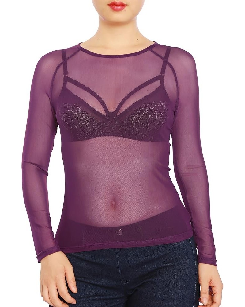 May&Maya Women's Long Sleeve Pure Mesh Blouse Purple $8.69 Blouses