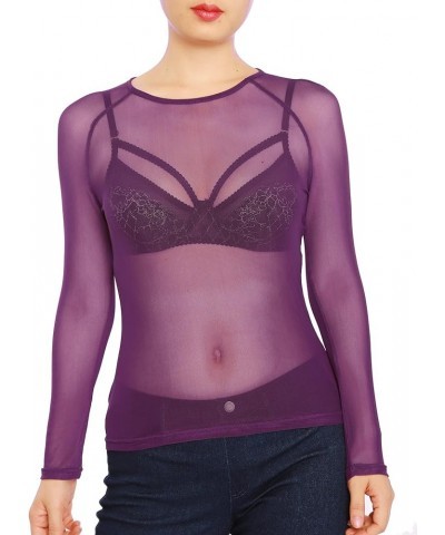 May&Maya Women's Long Sleeve Pure Mesh Blouse Purple $8.69 Blouses