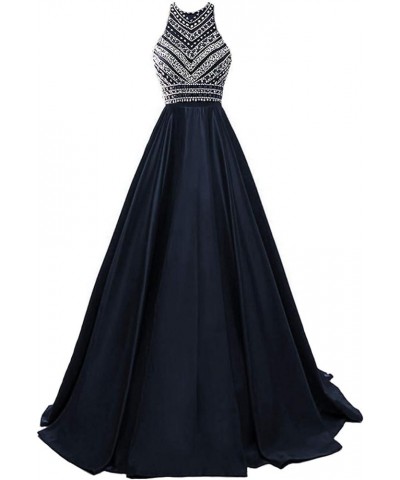 Women's Sparkle Prom Dresses Beading Satin Long Ball Gown Sequins A Line Formal Evening Party Dress with Pocket Navy $49.00 D...