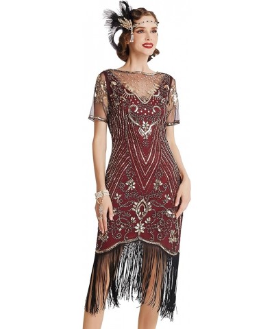 Flapper Dresses 1920s Gatsby - Roaring 20s Sequin Beaded Dress Fringe Dress Wine Red Gold $32.63 Dresses