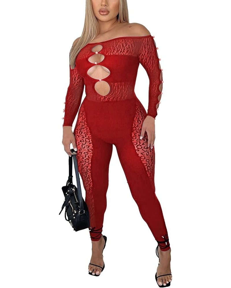 Sexy Off Shoulder Jumpsuit for Women Summer Sheer Mesh Bodycon Leopard Long Sleeve Rompers Party Club Streetwear D Red Jumpsu...