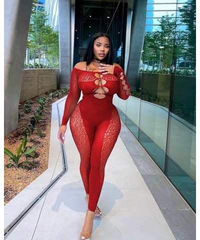 Sexy Off Shoulder Jumpsuit for Women Summer Sheer Mesh Bodycon Leopard Long Sleeve Rompers Party Club Streetwear D Red Jumpsu...