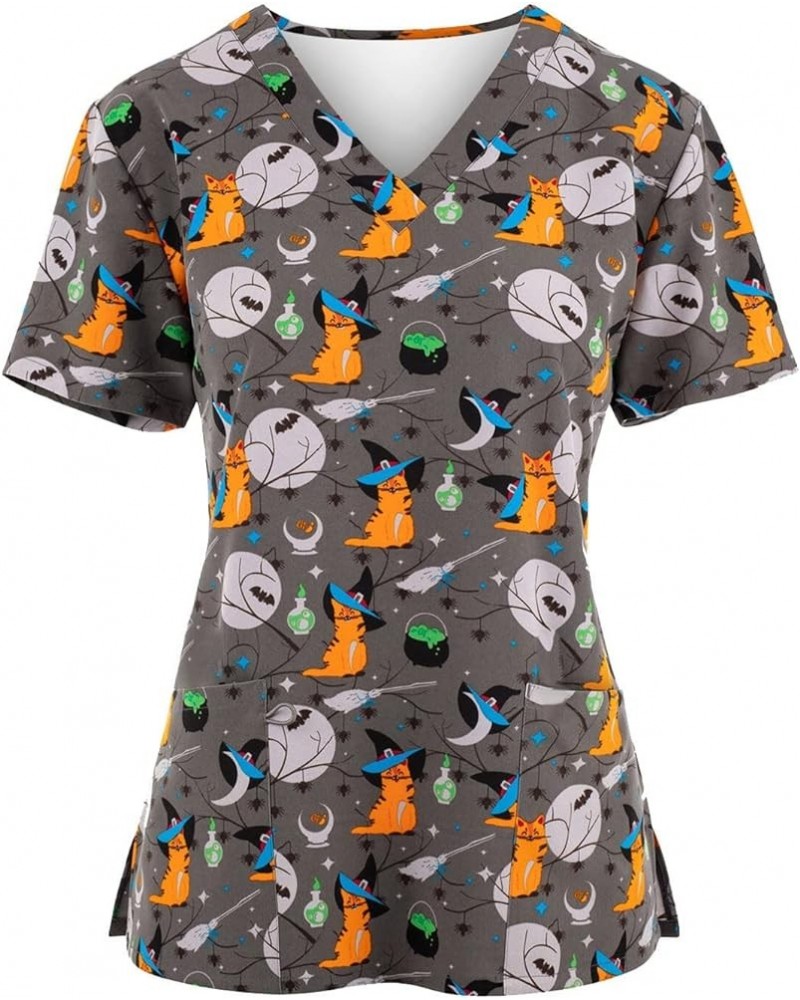 Halloween Scrub Tops Women V-Neck Pumpkin Printed 2023 Nurse Working Uniforms Pockets Holiday Stretchy Tee Shirt 01-gray $6.2...