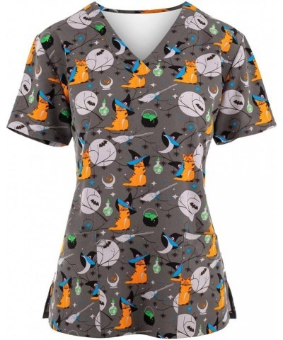 Halloween Scrub Tops Women V-Neck Pumpkin Printed 2023 Nurse Working Uniforms Pockets Holiday Stretchy Tee Shirt 01-gray $6.2...