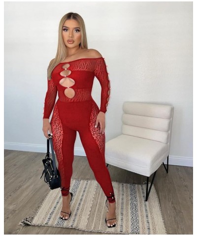 Sexy Off Shoulder Jumpsuit for Women Summer Sheer Mesh Bodycon Leopard Long Sleeve Rompers Party Club Streetwear D Red Jumpsu...