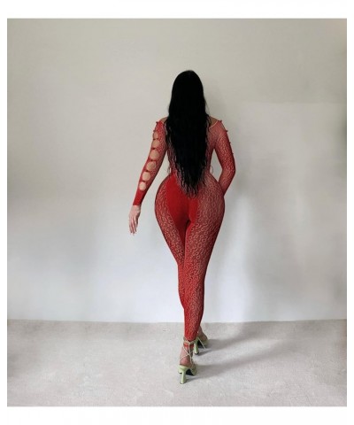 Sexy Off Shoulder Jumpsuit for Women Summer Sheer Mesh Bodycon Leopard Long Sleeve Rompers Party Club Streetwear D Red Jumpsu...