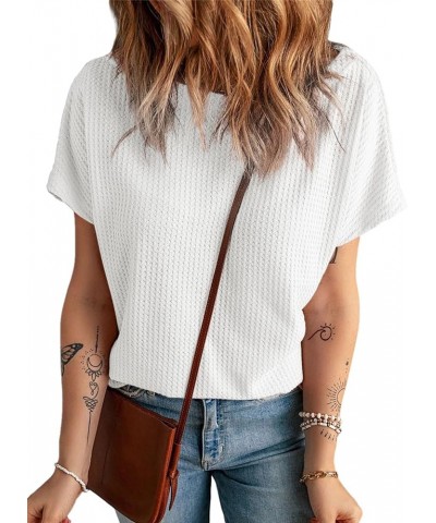 Women's Causual Boat Neck Short Sleeve Waffle Knit Shirts Loose Summer Tunic Tops Blouses White $12.47 Tops