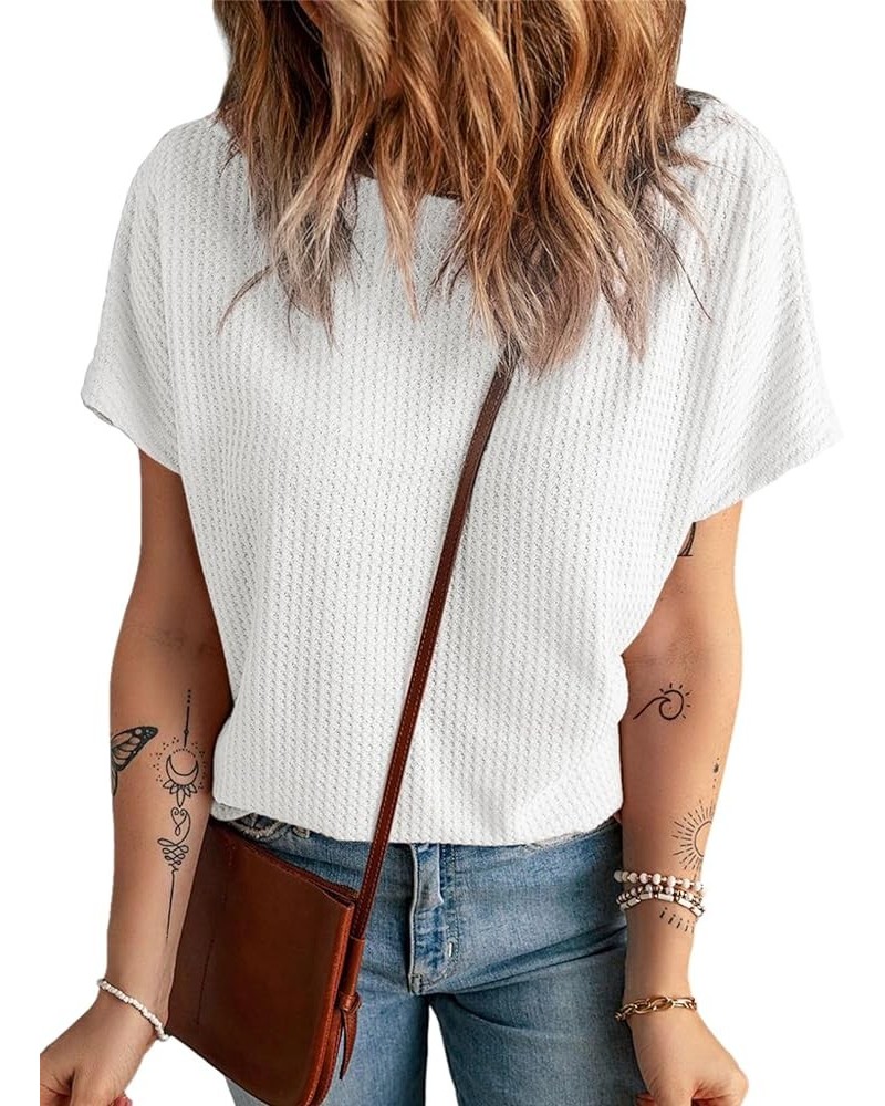 Women's Causual Boat Neck Short Sleeve Waffle Knit Shirts Loose Summer Tunic Tops Blouses White $12.47 Tops