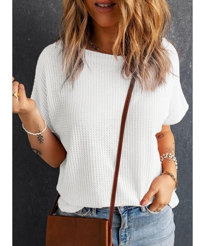 Women's Causual Boat Neck Short Sleeve Waffle Knit Shirts Loose Summer Tunic Tops Blouses White $12.47 Tops