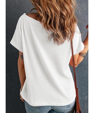 Women's Causual Boat Neck Short Sleeve Waffle Knit Shirts Loose Summer Tunic Tops Blouses White $12.47 Tops