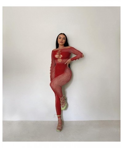 Sexy Off Shoulder Jumpsuit for Women Summer Sheer Mesh Bodycon Leopard Long Sleeve Rompers Party Club Streetwear D Red Jumpsu...