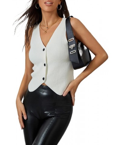 Women Sleeveless Cotton Knitted Vest Button Down Casual Y2k Streetwear A1 White $14.15 Vests