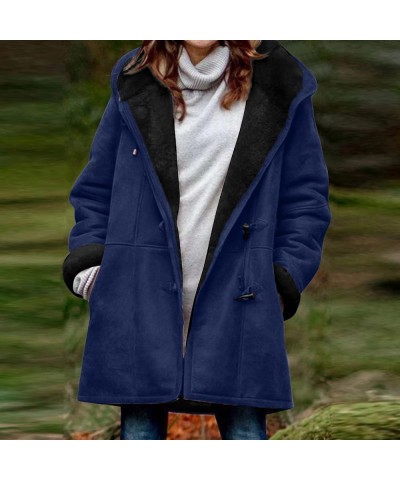 Womens Winter Coats Casual Fleece Thicken Hooded Long Sleeves Coat with Pockets Plus Size Comfy Warm Jacket Overcoat Eblue $1...