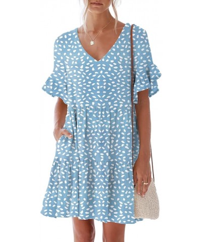 Women's Summer Casual Dress Sweet & Cute V-Neck Mini Dress with Pocket Short Sleevele Ruffle Dress Blue Spots $24.19 Dresses