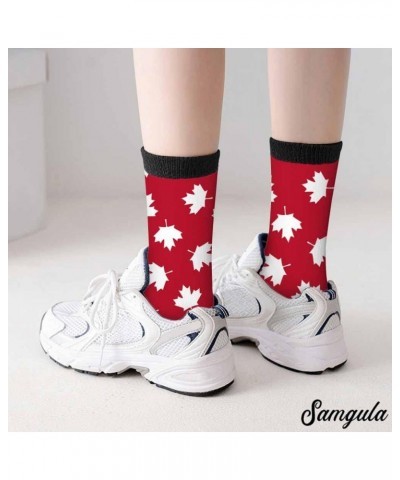 Red Striped Crew Socks for Woman Size 6-8 Christmas Tree Moose Snowflake Dots Lines Girls Socks Maple Leaf Red $8.24 Activewear