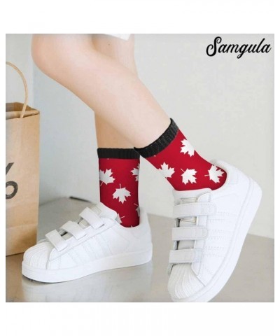 Red Striped Crew Socks for Woman Size 6-8 Christmas Tree Moose Snowflake Dots Lines Girls Socks Maple Leaf Red $8.24 Activewear