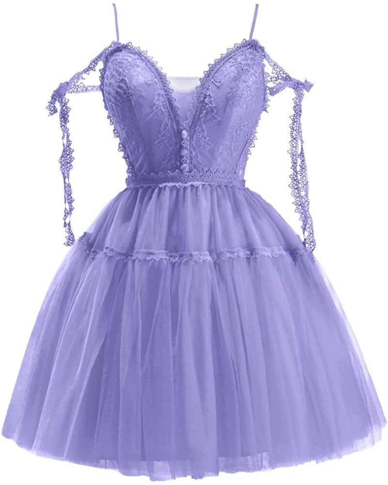 Spaghetti Straps Lace Homecoming Dresses for Teens Tulle Short Prom Dresses A Line Cocktail Party Gowns Lilac $34.50 Dresses