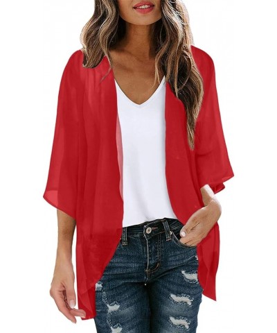 Short Sleeve Sweaters for Women SummerFloral Print Puff Sleeve Kimono Cardigan Loose Cover Up Casual Blouse Tops Red $10.06 S...