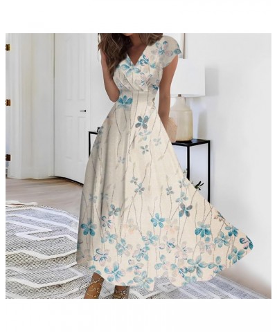 Maxi Dresses for Women 2024 Casual Sexy Short Sleeve Summer Dresses V Neck Plus Size Formal Trendy Floral Long Dress 04-khaki...