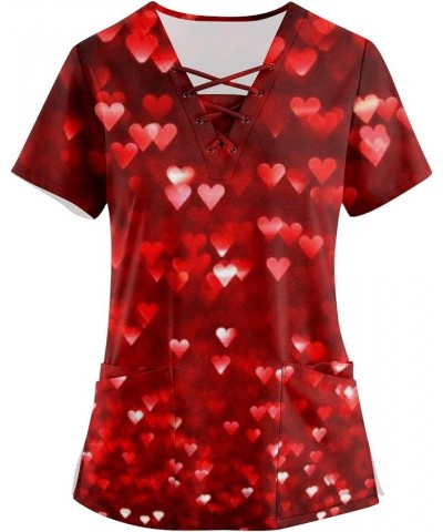 Valentines Day Scrubs Shirts Women Cute Short Sleeve Heart Love Print V Neck Trendy Dressy Tshirts Tops A-red $5.21 Tops