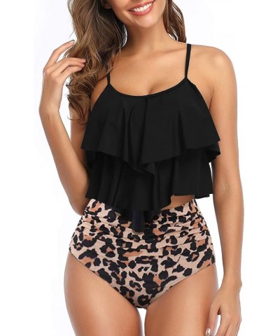 Womens High Waisted Bathing Suits Flounce Halter Bikini Bottoms Tummy Control Modest Swimwear Two Piece Swimsuits Leopard $14...