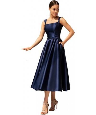 Women's Satin Mother of The Bride Dresses with Pockets A-line Tea Length Formal Evening Gown for Wedding Navy Blue $26.65 Dre...