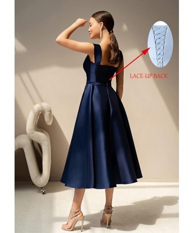 Women's Satin Mother of The Bride Dresses with Pockets A-line Tea Length Formal Evening Gown for Wedding Navy Blue $26.65 Dre...