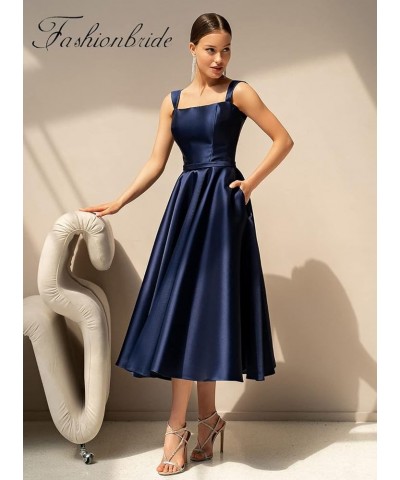 Women's Satin Mother of The Bride Dresses with Pockets A-line Tea Length Formal Evening Gown for Wedding Navy Blue $26.65 Dre...