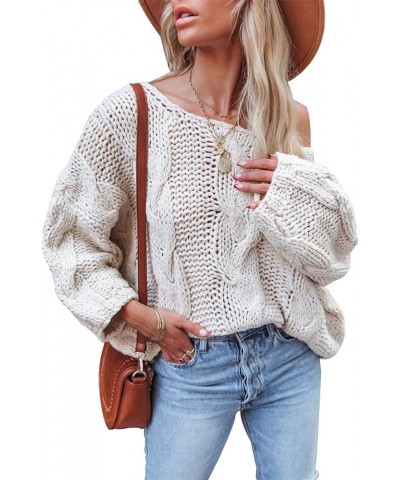 Women's Off Shoulder Sweater Casual Pullover Loose Fit Sweatshirt Long Sleeve Knitted Jumper Tops Four-wihte $19.74 Sweaters